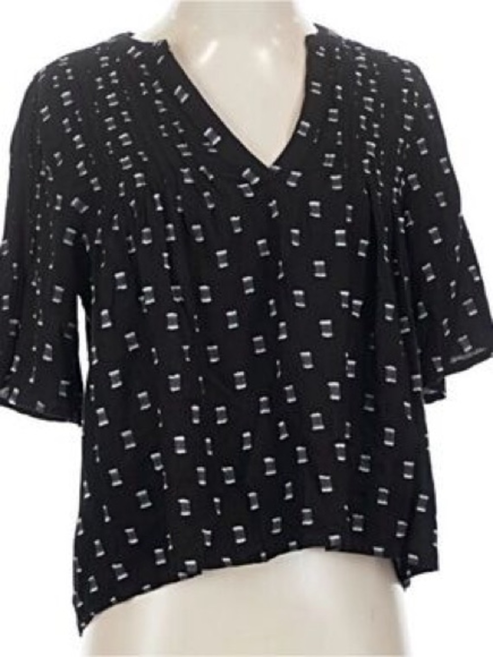 Evereve Black V-Neck Short Sleeve Top with White Dot Motif
